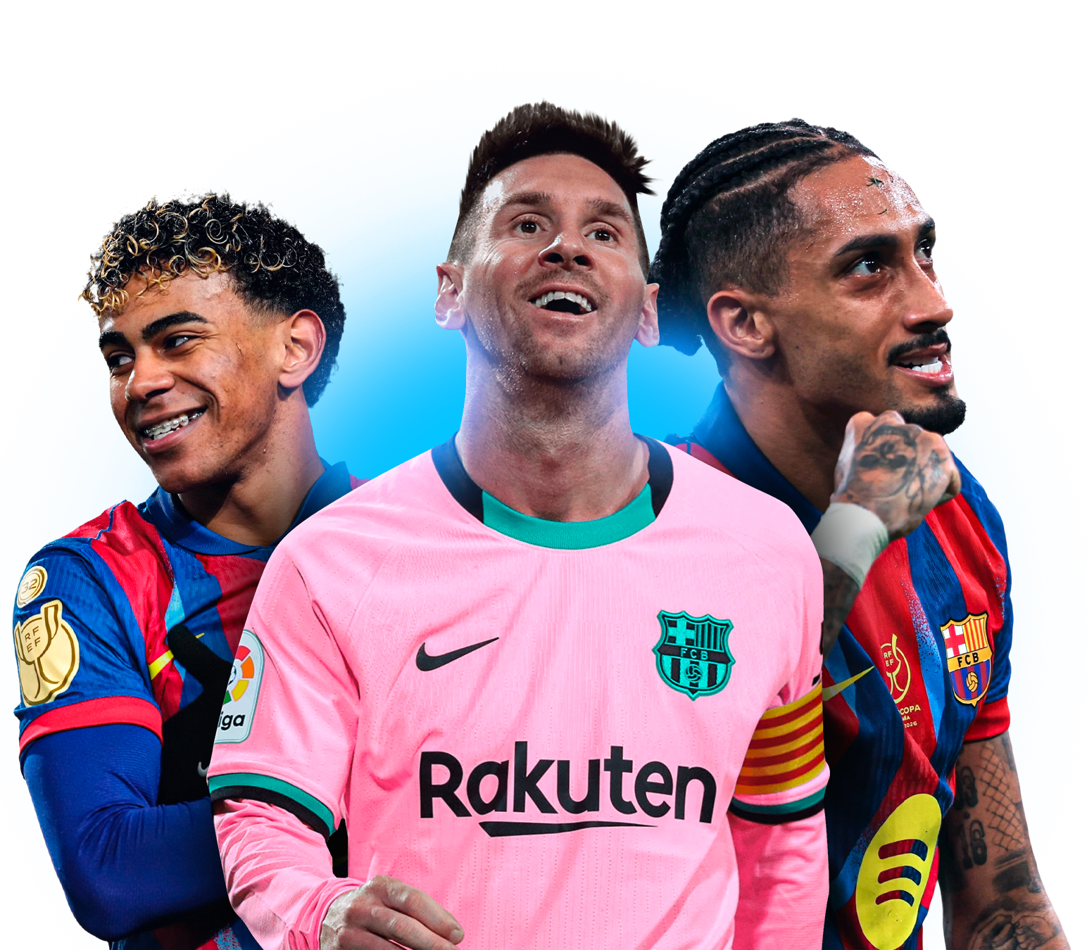 Jogadores Raphinha, Messi e Saka com camisas de time